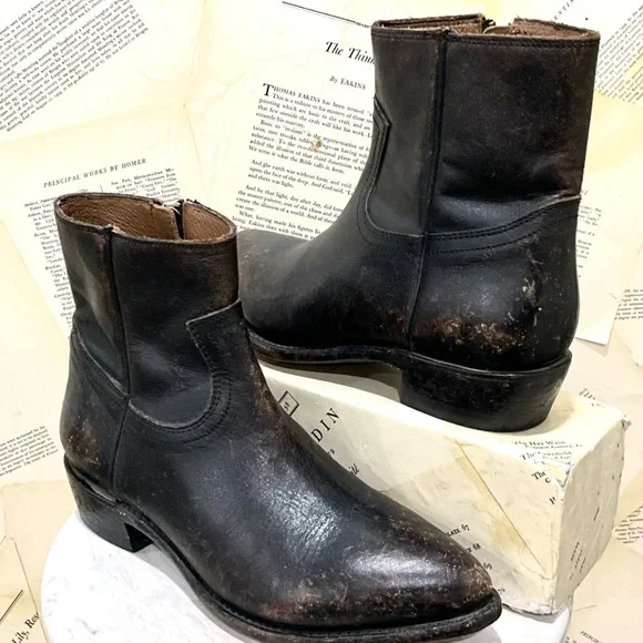 Free People Frye Billy Inside Zip Boot Distressed Black Leather Pointy Toe - Picture 7 of 13